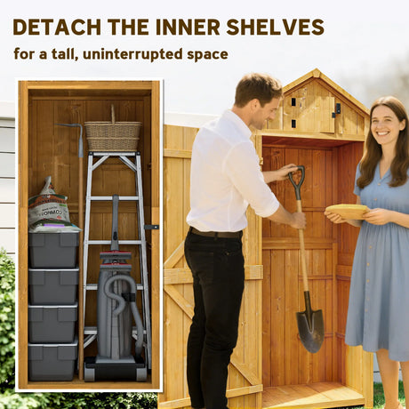 Outsunny Garden Shed Wood Outdoor Garden Tool Storage Unit with 3 Detachable Shelves, 77 x 54.2 x 179cm,  Brown