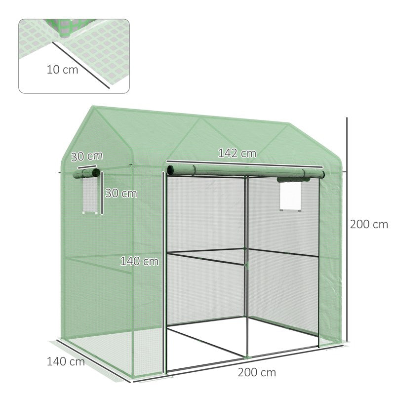 Outsunny Greenhouse, Walk-in Garden Grow House with Roll-up Door and Mesh Windows, 200 x 140 x 200cm, Green