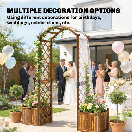 Outsunny Wooden Garden Arch with 2 Planter Boxes, Outdoor Rose Arch Trellis for Climbing Vines, Carbonised