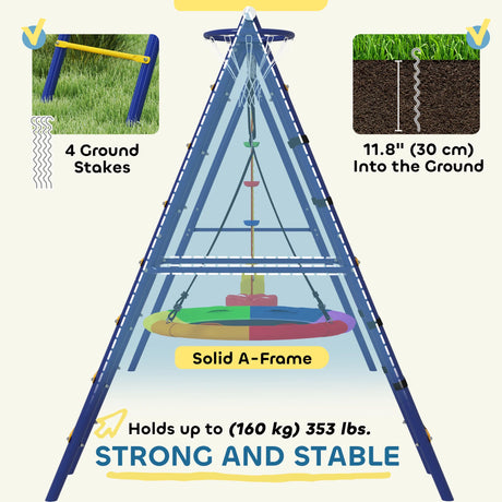 AIYAPLAY 6 in 1 Metal Kids Swing Set with 3 Swings, Climbing Ladder & Net, Basketball Hoop, for Ages 3-8