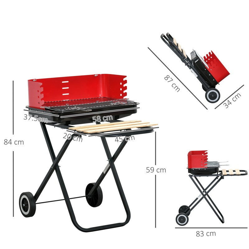 Outsunny Charcoal Trolley BBQ Barbecue Grill Patio Camping Picnic Garden Party Outdoor Cooking with Windshield, Wheels Side Trays, Black/Red