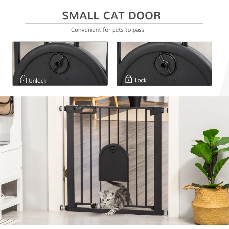 PawHut Dog Gate with Cat Flap Pet Safety Gate Barrier, Stair Pressure Fit, Auto Close, Double Locking, for Doorways, Hallways, 75-82 cm Black