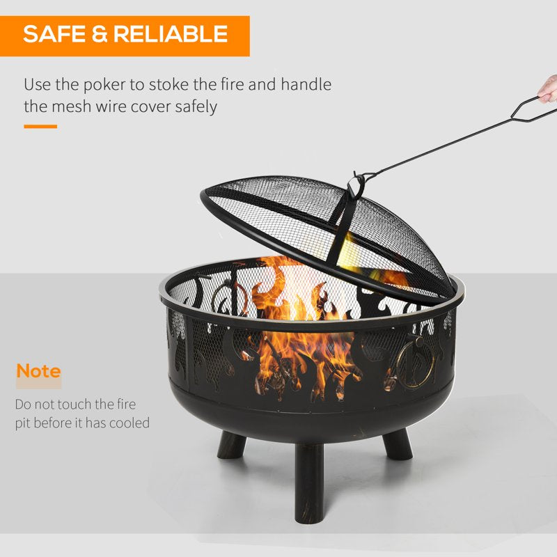 Outsunny Metal Firepit Bowl Outdoor 2-In-1 Round Fire Pit w/ Lid, Grill, Poker, Handles for Garden, Camping, BBQ, Bonfire, Wood Burning Stove, 61.5 x 61.5 x 52cm, Black