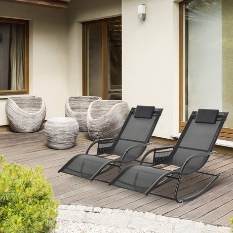 Outsunny 2PCs Outdoor Garden Rocking Chair, Patio Sun Lounger Rocker Chair with Breathable Mesh Fabric, Removable Headrest Pillow, Armrest, Side Storage Bag, Black