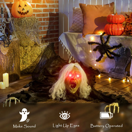 Outsunny 183 cm Life Size Halloween Animated Crawling Zombie with Glowing LED Eyes, Scary Halloween Decorations, Battery Operated, Indoor Outdoor Party Props