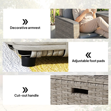 Outsunny 5 Piece Rattan Garden Furniture Set with Storage Table, Footstools, Cushions, Dark Grey
