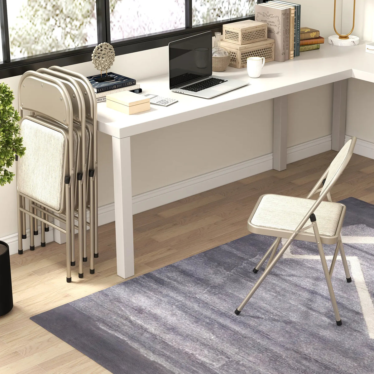 HOMCOM Linen-Look Set of Four Cushioned Folding Chairs - Beige