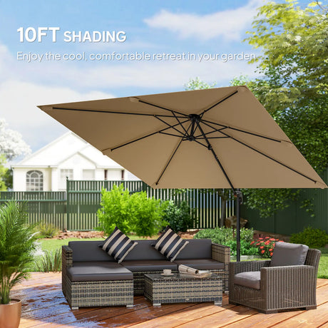 Outsunny 3 x 3 m Cantilever Parasol, Square Patio Umbrella with Crank Handle, Cross Base, Tilt, 360 Rotation, Khaki