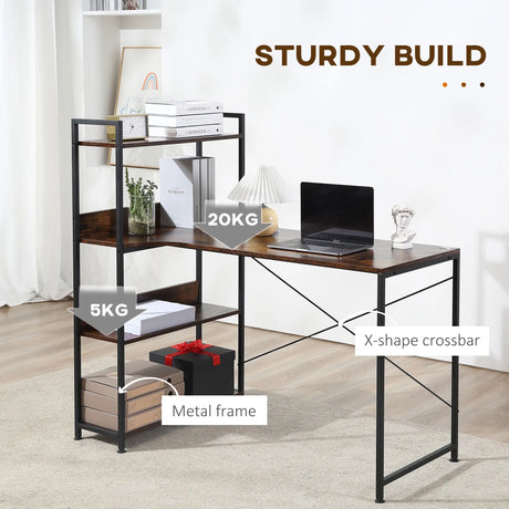 HOMCOM Office Desk with Storage Shelves, 120 CM Computer Desk, Industrial Study Table with Metal Frame for Home Office Small Space, Rustic Brown