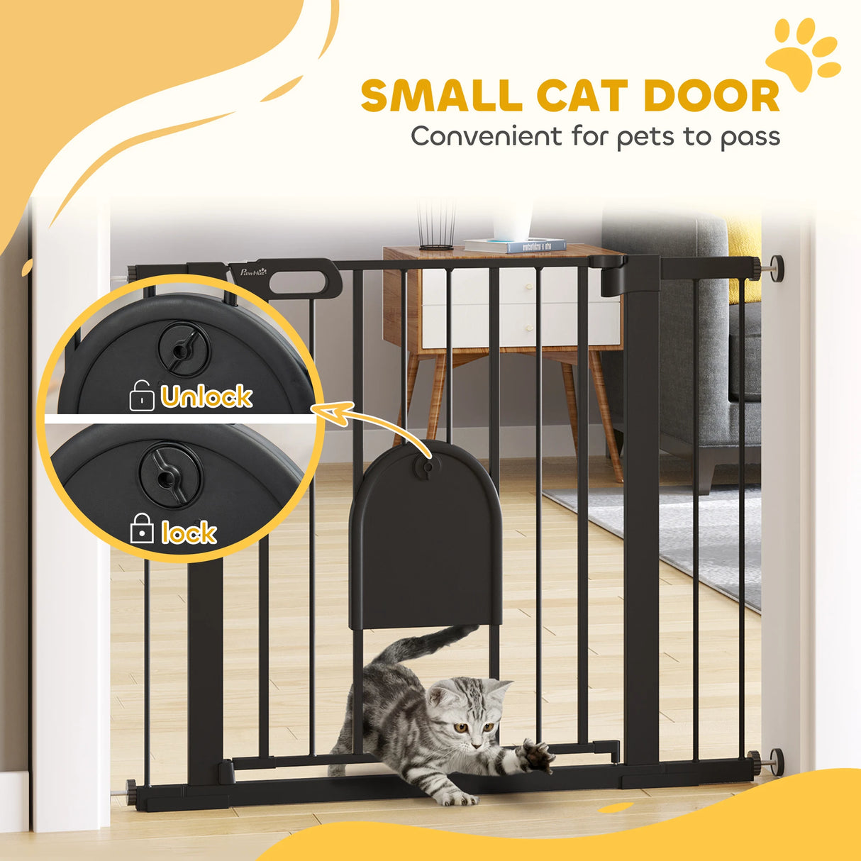 PawHut Dog Gate with Cat Flap Pet Safety Gate Barrier, Stair Pressure Fit, Auto Close, Double Locking, for Doorways, Hallways, 75-103 cm Black