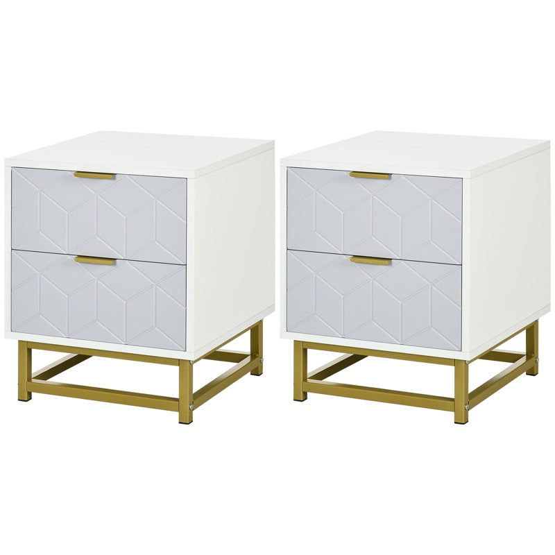 HOMCOM Bedside Table with 2 Drawers, Side Table, Bedside Cabinet with Steel Frame for Living Room, Bedroom, Set of 2, Grey and White