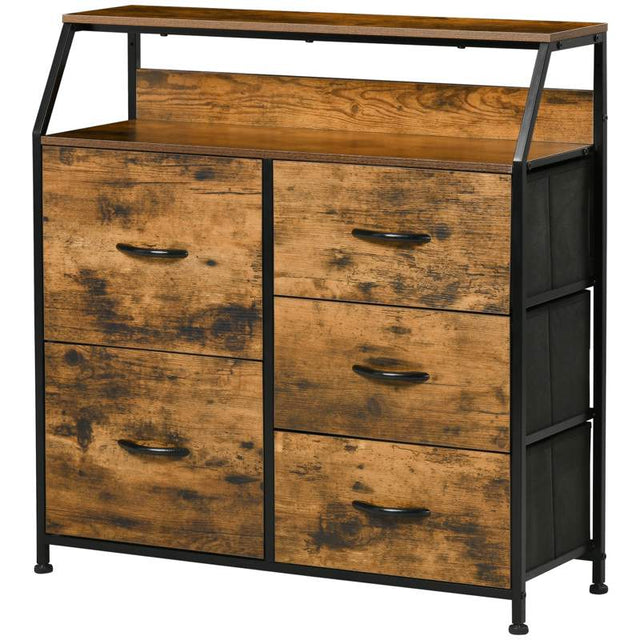 HOMCOM Bedroom Chest of Drawers, Industrial 5 Fabric Drawer Dresser with Open Shelf for Living Room, Rustic Brown