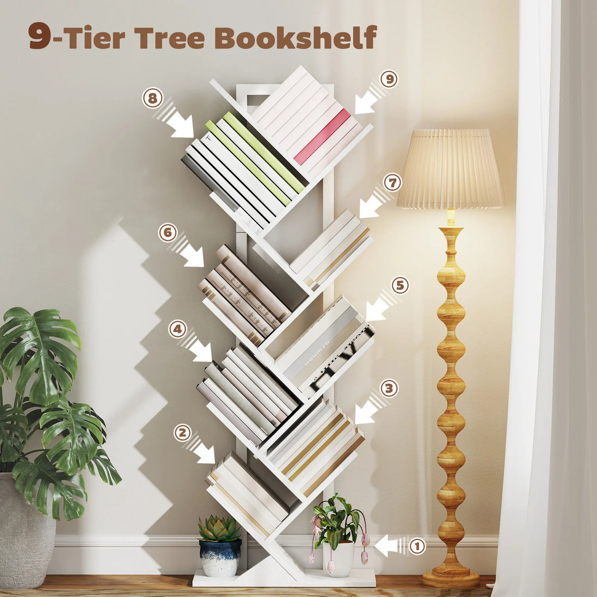 HOMCOM 9-Tier Tree Bookshelf, Industrial Free Standing Bookcase with Steel Frame, Display Storage White