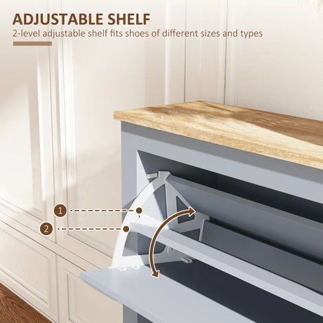 HOMCOM 2 Drawer Shoe Cabinet Modern Narrow Shoe Cupboard Hallway Wooden Storage Organiser with Flip Doors Adjustable Shelf for 6-12 Pairs, Grey