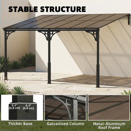 Outsunny 4 x 3 m Metal Lean-to Pergola, Wall-Mounted Garden Pergola with Polycarbonate Roof and Metal-Aluminium Frame, Heavy Duty Hardtop Gazebo for Outdoor Patios, BBQ, Brown