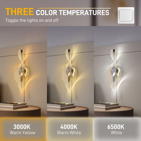 HOMCOM Led Wall Lamp 2 Pack, 13W Modern Indoor Spiral Wall Light, Colour Temperature Adjustable 3000K/4000K/6500K, for Bedroom, Living Room, Hallway, Stairs, Silver Tone