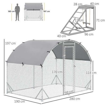 PawHut Walk-In Chicken Run, Metal Chicken Coop with Cover, Outdoor Hen Poultry House Cage with Chicken Activity Shelf, for Chickens, Rabbits, Ducks, 2.8 x 1.9 x 2m