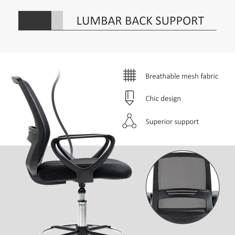 Vinsetto Ergonomic Mesh Back Draughtsman Chair, Tall Standing Desk Chair with Adjustable Height and Footrest 360 Swivel, Black