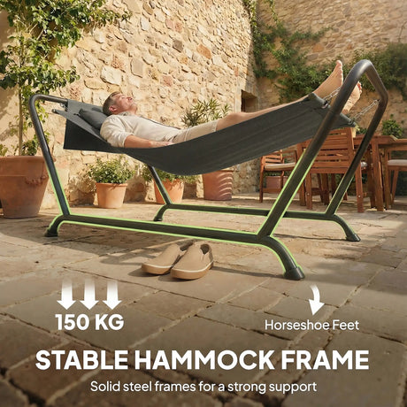 Outsunny Outdoor Hammock with Stand, Freestanding Hammock with Side Pocket, Headrest for Patio, Balcony, Porch, Dark Grey