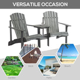 Outsunny Wooden Outdoor Double Adirondack Chairs Loveseat w/ Centre Table and Umbrella Hole, Garden Patio Furniture for Lounging and Relaxing, Grey