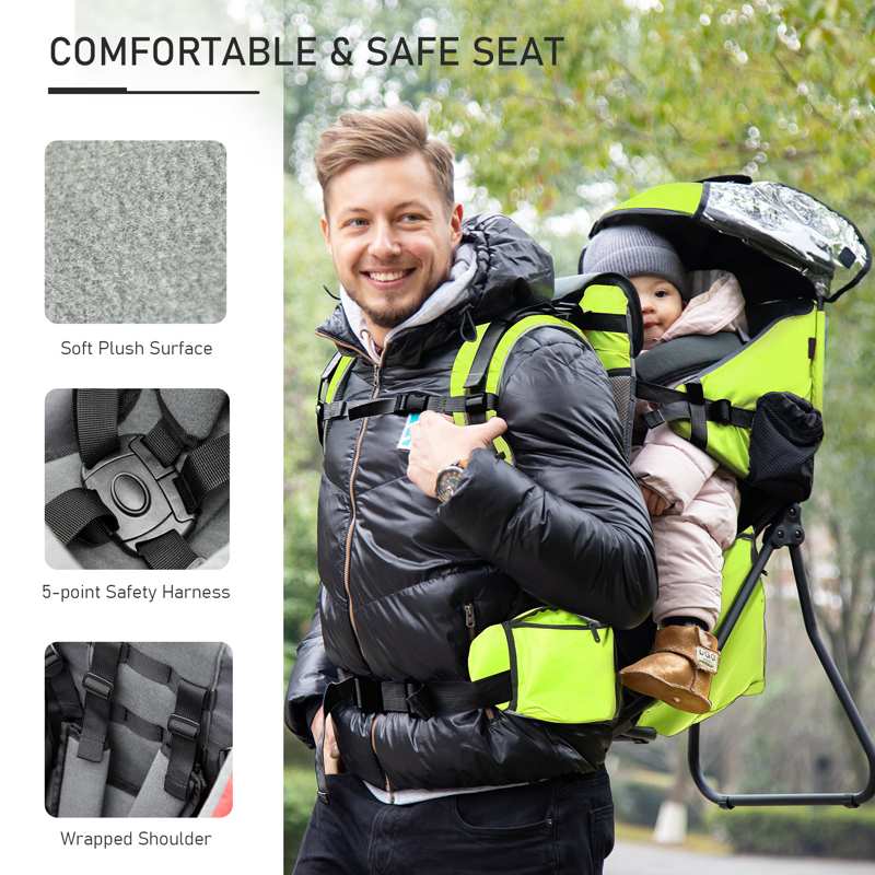 HOMCOM Baby Hiking Backpack Carrier Child Carrier with Ergonomic Hip Seat Detachable Rain Cover Adjustable Straps Stand for Toddler 6 - 36 Months Green