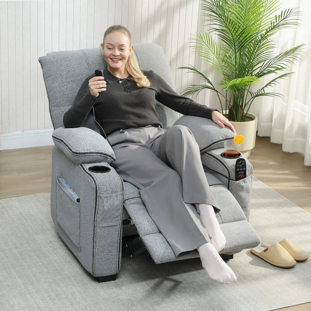 HOMCOM Electric Massage Recliner Armchair with Vibration, Heat, Whisper-Quiet Motor, Memory Function, Velvet Power Reclining Chair with Spring Pack, USB Port, Footrest, Side Pocket, Cup Holders, Grey