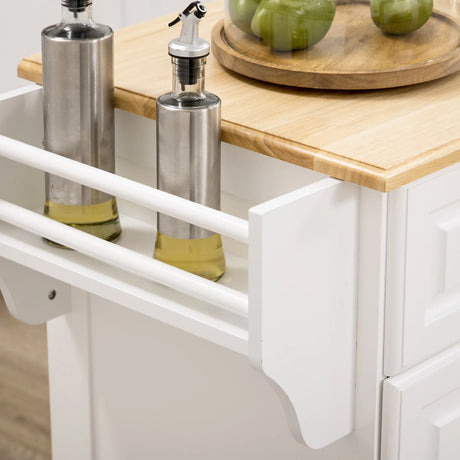 HOMCOM Kitchen Island with Storage Rolling Kitchen Serving Cart with Rubber Wood Top Towel Rack Storage Drawer Cabinet White