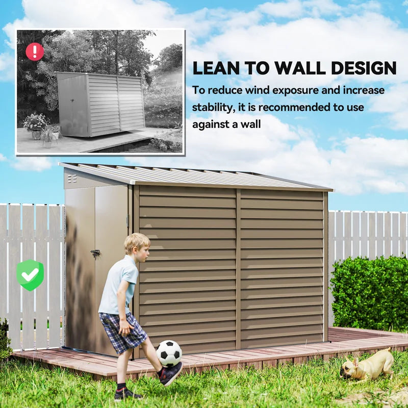 Outsunny 5 x 9ft Galvanised Metal Garden Shed with Foundation Kit, Outdoor Lean-to Shed, Tool Storage House with Lockable Doors, Gloves and 2 Air Vents for Patio, Garden, Brown