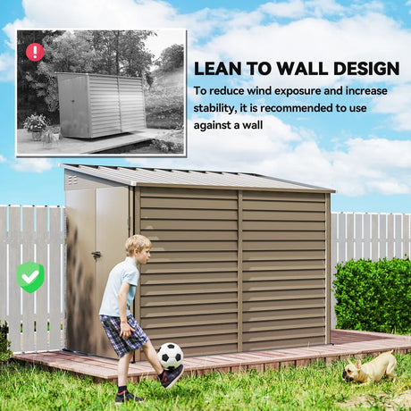 Outsunny 5 x 9ft Galvanised Metal Garden Shed with Foundation Kit, Outdoor Lean-to Shed, Tool Storage House with Lockable Doors, Gloves and 2 Air Vents for Patio, Garden, Brown