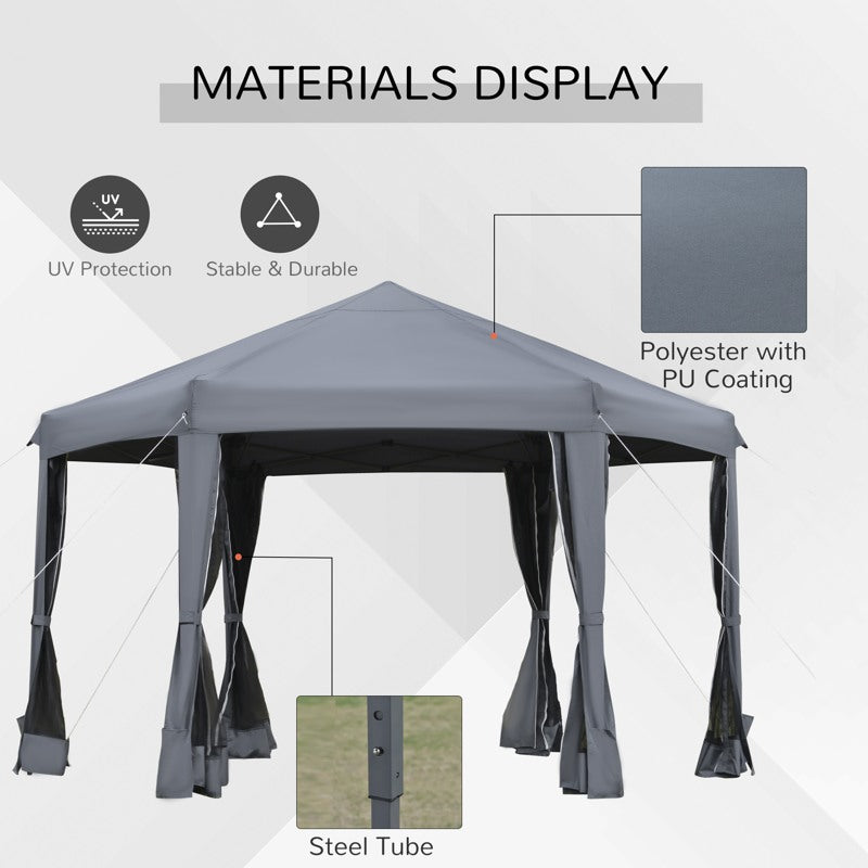 Outsunny 3.8m x 3.2m Pop Up Gazebo Hexagonal Canopy Tent Outdoor Sun Protection with 6 Mesh Sidewalls, Hand Bag, Grey