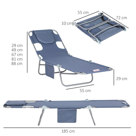 Outsunny Foldable Sun Lounger, Beach Chaise Lounge with Reading Hole, Arm Slots, 5-Position Adjustable Backrest, Side Pocket, Pillow for Garden, Beach, Pool, Grey