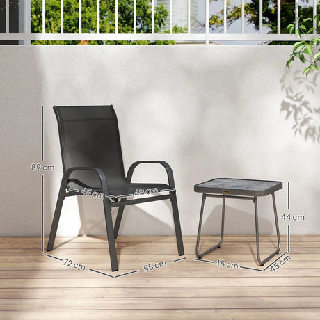 Outsunny 3 Pieces Outdoor Bistro Set, Patio Stackable Armchairs with Breathable Mesh Fabric and SPC Board Coffee Table, Black