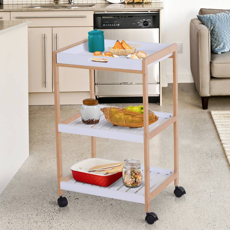 HOMCOM 3-Tier Mobile Kitchen Trolley Cart Storage Shelves Rack Rolling Wheels White 46 x 35 x 74.5 cm