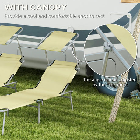 Outsunny Outdoor Foldable Sun Lounger Set of 2, 4 Level Adjustable Backrest Reclining Sun Lounger Chair with Angle Adjust Sun Shade Awning for Beach, Garden, Patio, Beige