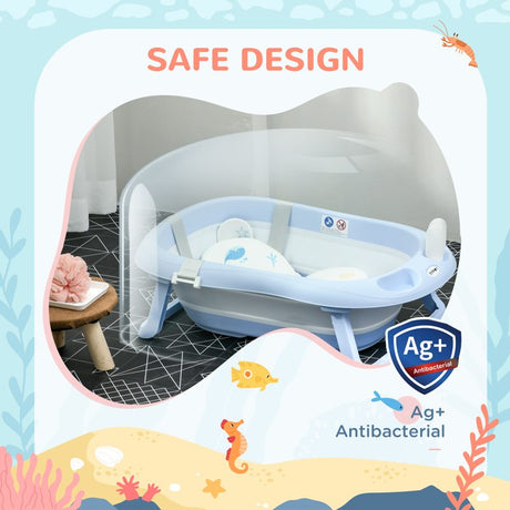 ZONEKIZ Foldable Baby Bathtub, with Non-Slip Support Legs, Cushion Pad, Shower Holder - Blue