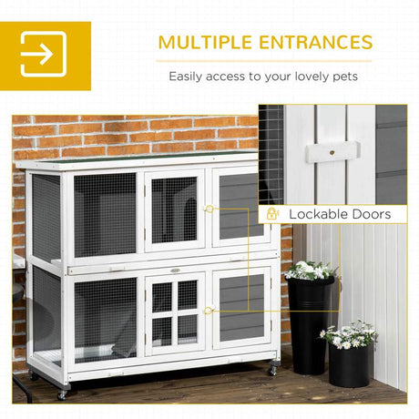 PawHut Wooden Rabbit Hutch, Two-Tier Guinea Pig Cage, with Removable Tray, Wheels