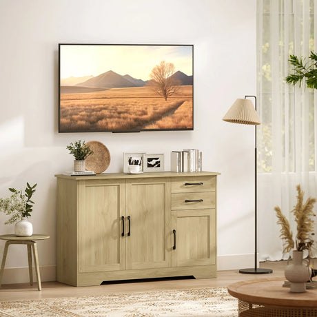 HOMCOM Sideboard with 2 Drawers Modern Storage Cabinet, Kitchen Cupboard with Adjustable Shelf and 3 Doors Natural