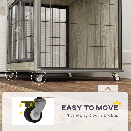 PawHut Dog Crate Furniture with Wheels, Double Doors, for Medium Dogs, Grey
