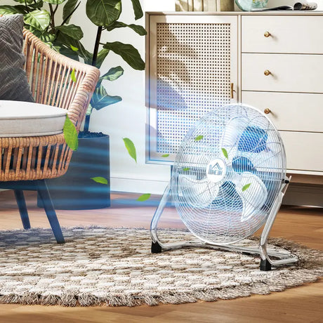 HOMCOM 20 Inches Chrome Metal Floor Fan, High Power 3-Speed Home Gym with Adjustable Head, Portable Desk & Table Fan for Home Office, Powerful Airflow, Quiet Operation