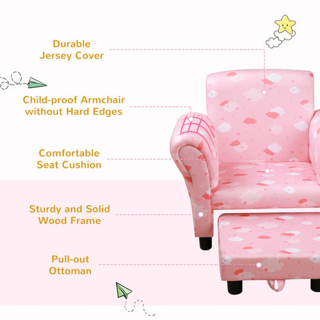 HOMCOM Toddler Chair Children's Armchairs Wood Frame w/ Footrest Anti-Slip Legs High Back Arms for Bedroom Playroom Cute Cloud Star Pink