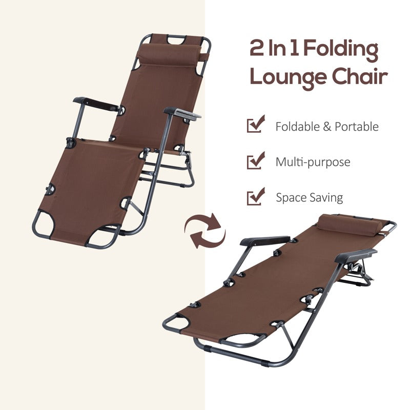 Outsunny 2 Pieces 2 in 1 Sun Lounger Folding Reclining Chair Garden Outdoor Camping Adjustable Back with Pillow, Brown