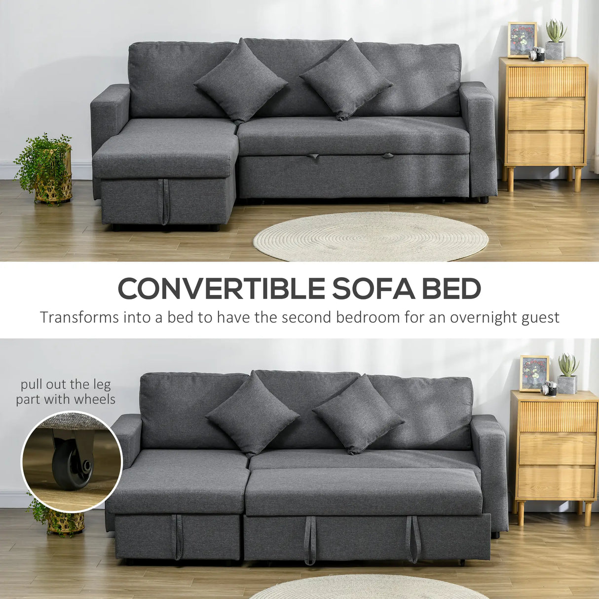 HOMCOM 3 Seater Pull Out Sofa Bed with Storage, Pre-Assembled & Delivered to Your Home for Free, Dark Grey