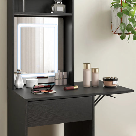 HOMCOM Small Vanity Desk with Mirror and LED Lights, Compact Dressing Table with Drop Leaf, Open Shelves and Drawer, Black