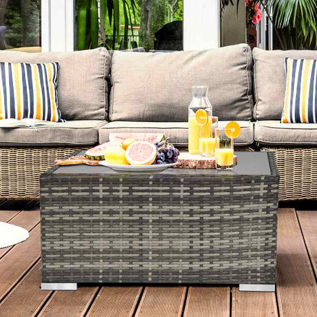 Outsunny Square PE Wicker Rattan Table with Glass Top - Dark Grey