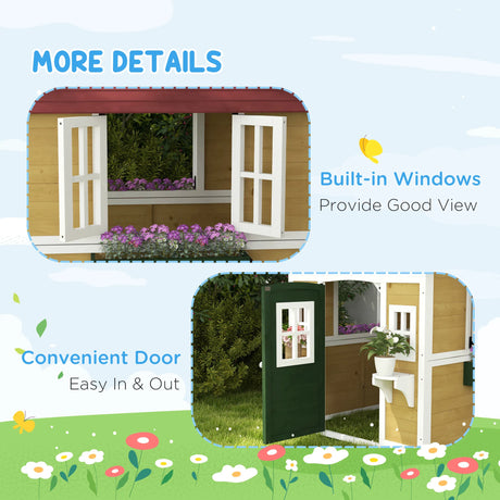 Outsunny Wooden Playhouse with Doors, Windows, Plant Pots, Boxes, for 3-8 Years - Beige
