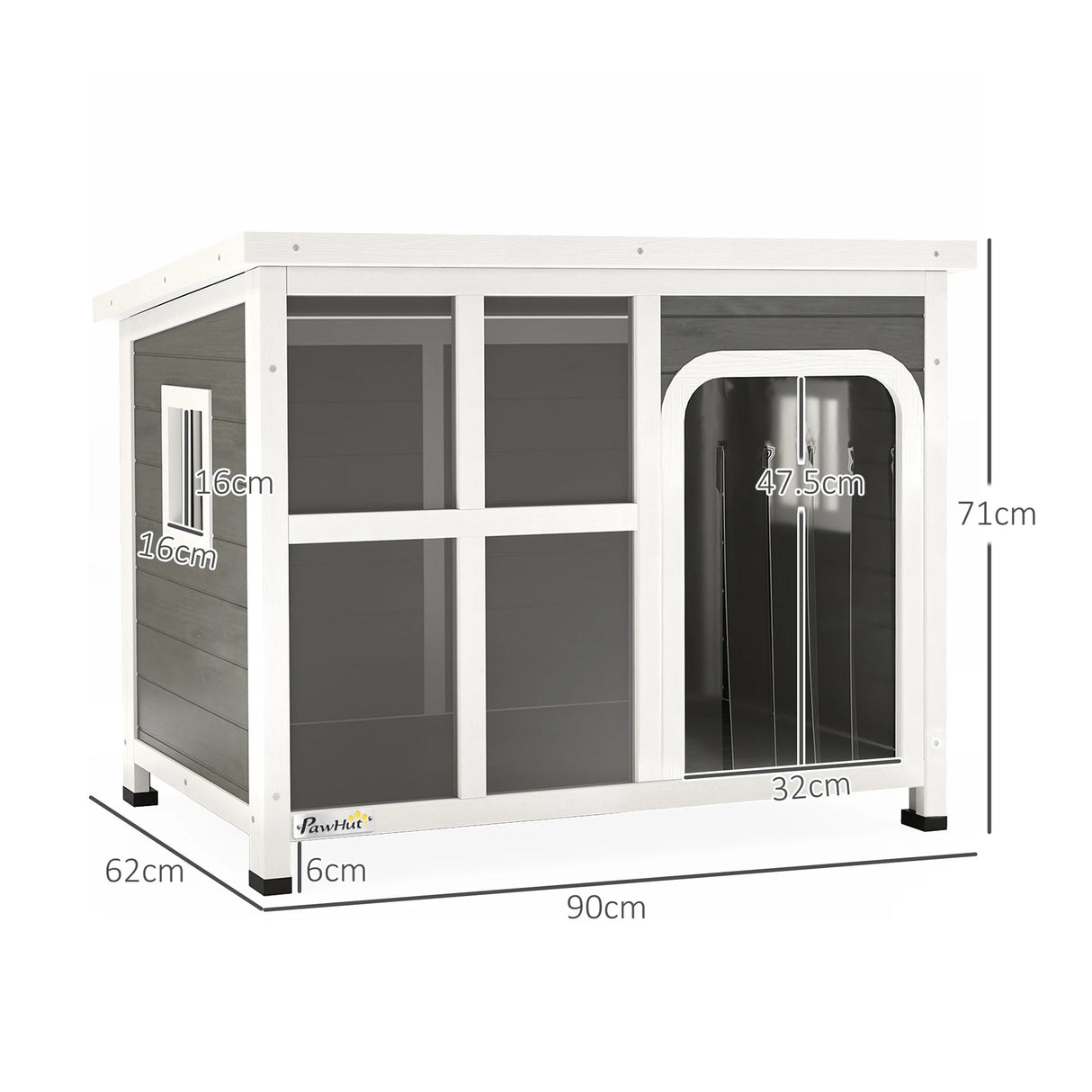 PawHut Wooden Outdoor Dog House with Asphalt Openable Top, Removable Floor, Clear Front Panel, Curtain, Light Grey
