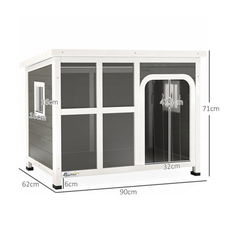 PawHut Wooden Outdoor Dog House with Asphalt Openable Top, Removable Floor, Clear Front Panel, Curtain, Light Grey