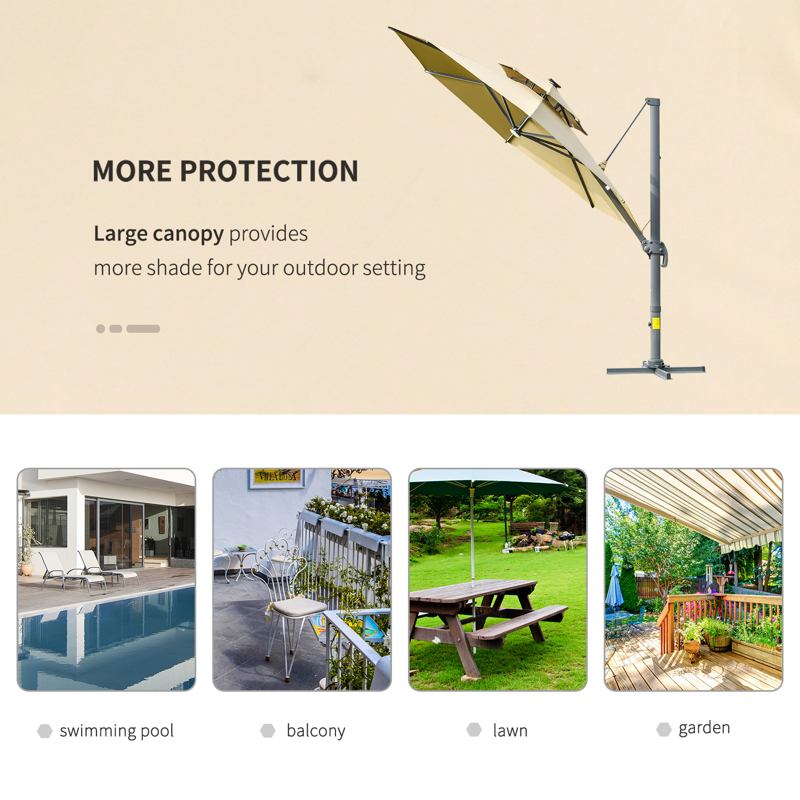 Outsunny 3m Cantilever Parasol w/ Solar Lights Power Bank Base 360° Spin Khaki