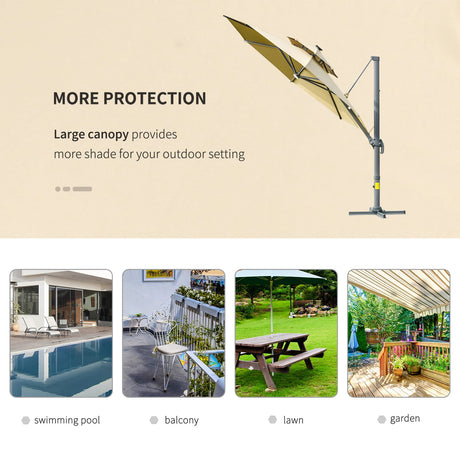 Outsunny 3m Cantilever Parasol w/ Solar Lights Power Bank Base 360 Spin Khaki