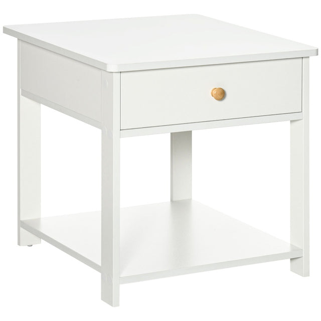 HOMCOM Bedside Table with Drawer and Bottom Shelf, Square Side End Table for Bedroom, Living Room, White